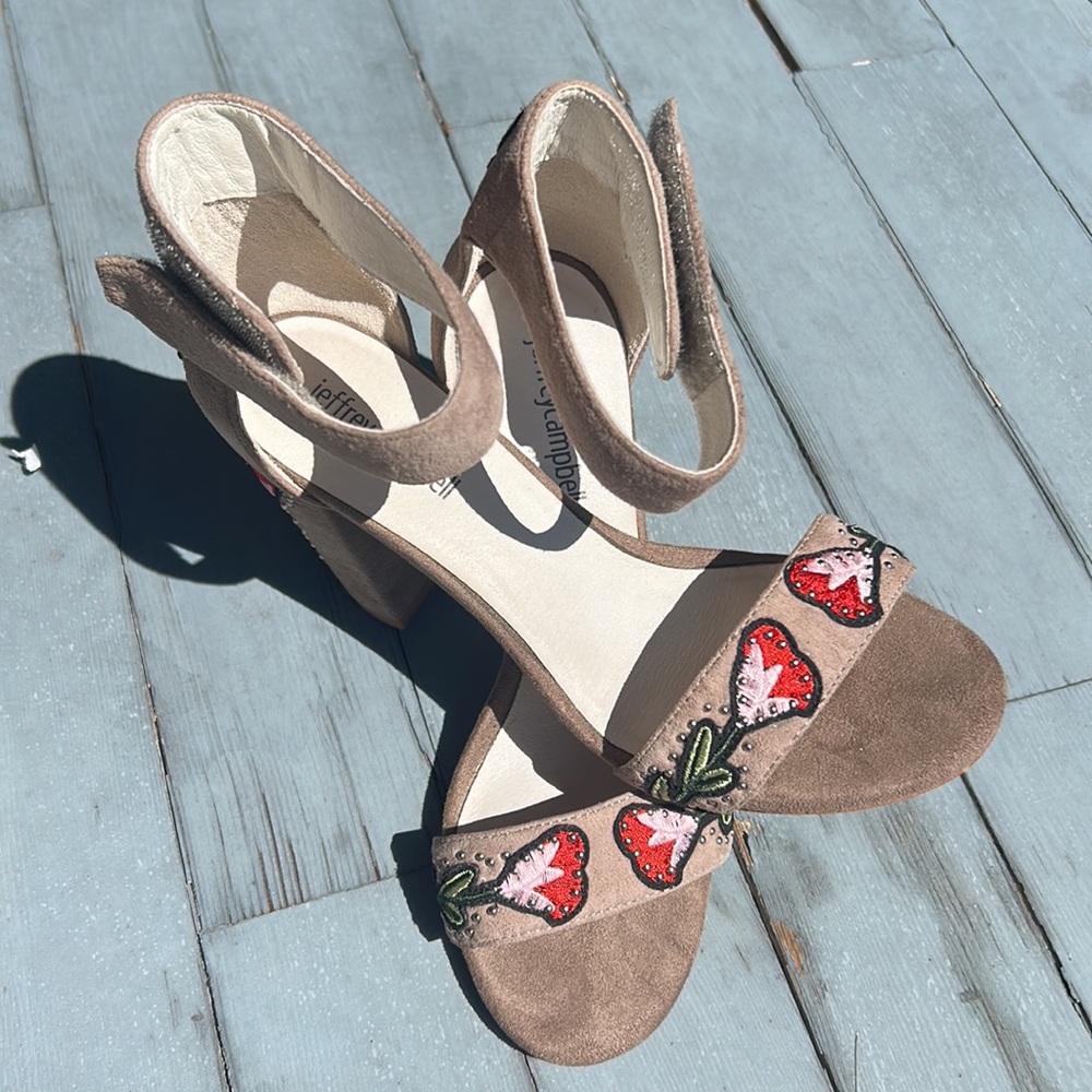 Embroidered Taupe Suede Open Toe Heels